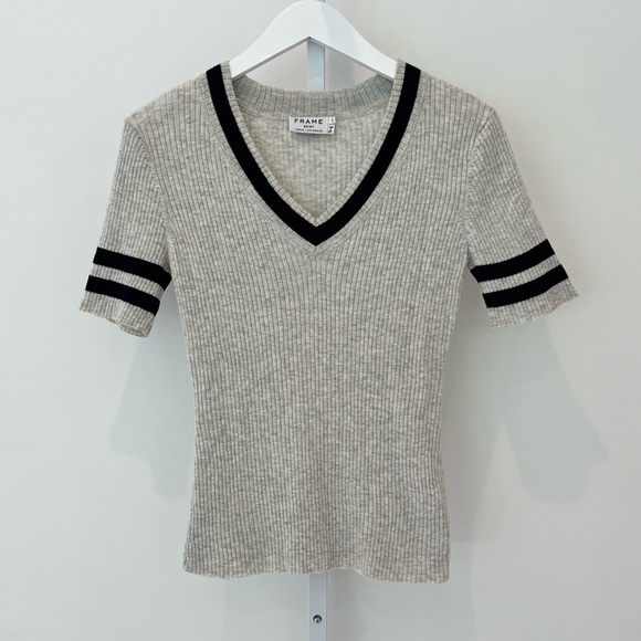 FRAME GRAY AND NAVY SHORT SLEVE COTTON WOOL KNIT SIZE SMALL NWOTS!